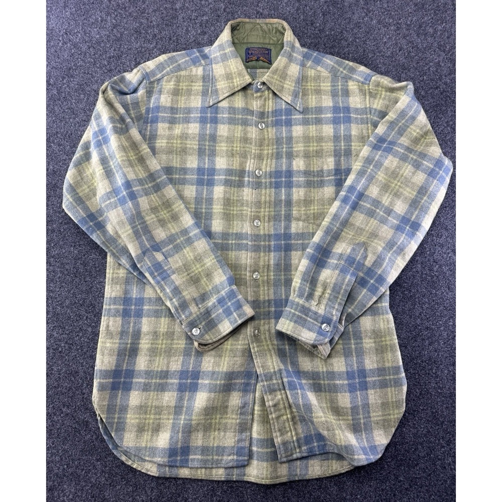 VTG Pendleton Wool Plaid Shirt Jacket Lined Green Blue 100% Wool M 20.5x29